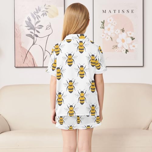 ALAZA Bee White Cartoon Stylish Satin Pajamas Set Short Sleeve Button Down Sleepwear Summer Pjs 2 Piece4