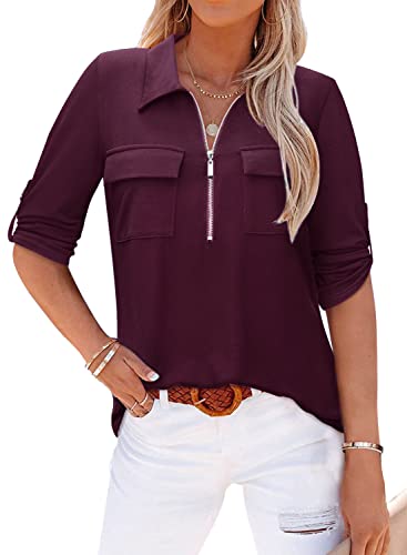 Bulotus Womens Business Casual Tops And Blouses, 3/4 Sleeve Tunic Shirts For Women Work Blouses Professional V Neck Collared Cotton Shirts, Burgundy, Medium #TOP19