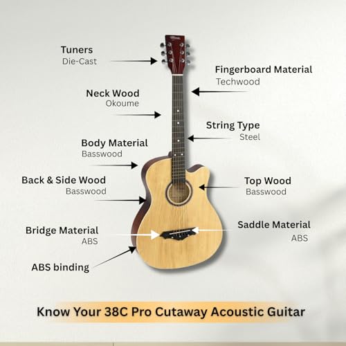 Image of Henrix 38C PRO 38 Inch Bass Wood Cutaway Acoustic Guitar With Die-Cast Tuners, Dual-Action Truss Rod, Gig-Bag, Picks, String Set, String Winder, Strap & Polishing Cloth - Natural