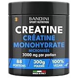 Bandini® Créatine Monohydrate en Poudre 100% Pure pour Augmenter la Performance et la Puissance Musculaire, Creatin non aromatisé, 88 Portions, 300 g, Micronised Creatine Powder, soluble et vegan