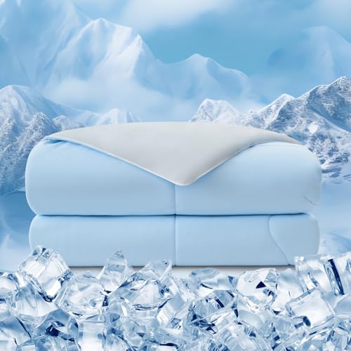 Image of EMME Cooling Comforter King Size, Double Sided Cold 90% Nylon Fabric Fabric Cooling Blanket for Hot Sleepers, Q-Max>0.5 Breathable Summer Quilt for Night Sweater, Lightweight(Blue,106 x 90)