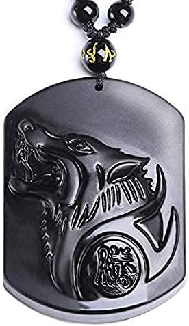 Rainbow obsidian crystal wolf head totem necklace pendant with bead chain for wen or women (black)