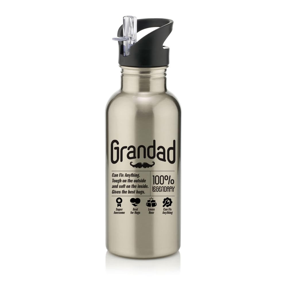 Funny Grandad Gift | 100% Legendary Quote Design | Father’s Day Gift for Him – Cool & Sentimental, Stainless Steel 600ml Water Bottle with Straw. (Silver)