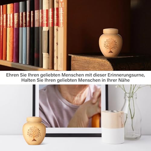 Kleine Urne für Menschliche Asche aus Bambus - Mini Andenken Mit Eingraviertem Lebensbaum-Muster für Menschen und Haustiere (Baum des Lebens, 1 Stück)