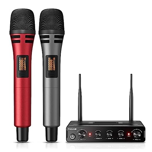 TONOR Micrófono Inalámbrico, Dual Mic UHF Sistema de Micrófono Dinámico de Mano con Receptor, Compatible con Amplificador, Sistema PA, para Karaoke Domestico, Boda, DJ, Fiesta, Iglesia, TW350, Rojo