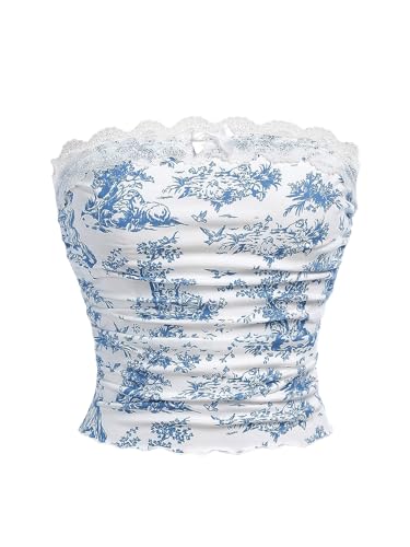 Floerns Girl's Lace Trim Floral Print Sleeveless Bandeau Ruched Boho Tube Top