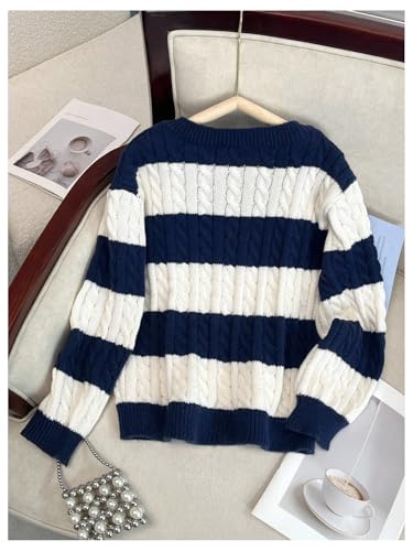 SOLY HUX Girl's Striped V Neck Sweater Casual Long Sleeve Cable Knit Pullover Tops2