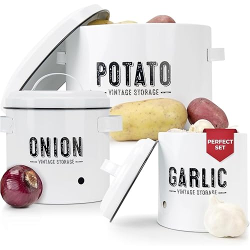 Granrosi Kitchen Vegetable Storage Set for Pantry & Countertop — Set of 3 Kitchen Containers Including Potato Bin, Onion Keeper & Garlic Storage; Rustproof Metal & Aeratic Holes; Farmhouse Style
