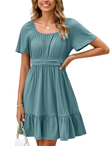 Image of Simplee Womens Summer Dresses 2026 Mini Square Neck Casual Short Sleeve Shirred Flowy A-Line Dress with Pockets