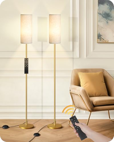 Image of Set of 2 Dimmable Floor Lamps for Living Room with 2 Remotes and Foot Switch, Modern Standing Tall Lamp, Corner Lamp for Bedroom, Bulb Included, 3000K-6500K, Beige and Gold DE06LDP205W1
