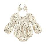 Kavousa Smocked Baby Girl Clothes Newborn Girl Bubble Romper Long Sleeve Jumpsuit And Headband Outfit Cute Infant Clothing (Floral Beige, 12-18 Months)