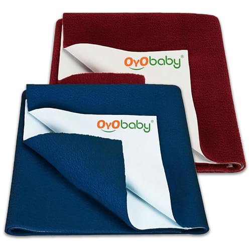 Image of OYO BABY Quick-Dry Baby Dry Sheets Pack of 2 Medium Size 100x70 cm | Waterproof Mattress Protectors for 0-12 Month Infants | Ultra-Absorbent, Soft, Durable - Dark Sea Blue + Maroon