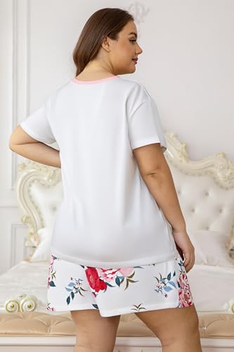Image of Vozanet Women's Short Sleeve Top and Shorts Pajama Sets Plus Size V Neck Colorful Flower Nighty Loungewear With TWO Pockets