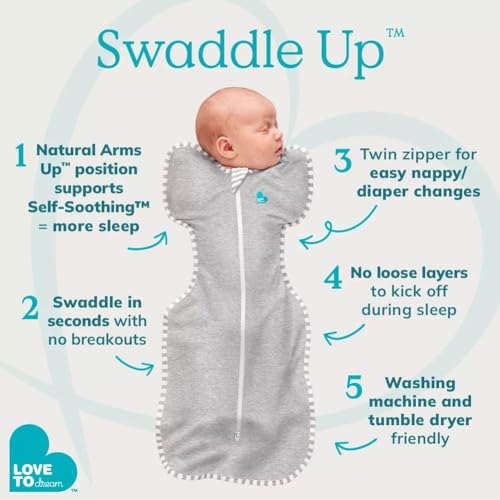 Image of Love To Dream Swaddle UP, Baby Sleep Sack, Twin Zipper For Easy Diaper Changes, Arms UP Position, Hip-Healthy, Lightweight & Breathable, Sleeping Bag, Moderates Temps, 3-6 M, Moonscape White
