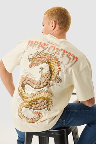 Image of SNITCH Men T-Shirt | Oversized Fit with Bold Dragon Graphic & Japanese Text | 100% Cotton Material, Crew Neck & Drop Shoulder Design | Casual & Streetwear Fashion
