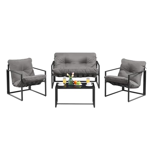 SONGMICS Salon de Jardin Extérieur 4 Pièces, Meuble de Jardin, 2 Fauteuils, 1 Table, 1 Banquette, Acier, Coussins Rembourrés, pour Terrasse, Balcon, Gris GGF040GZ01