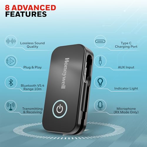Image of Honeywell 2-in-1 Bluetooth 5.4 Transmitter & Receiver, AUX & Type-C Audio Adapter with Mic, 12H Battery Life, Lossless Audio, Ideal for Airplanes, Cars, TVs, Desktops, Speakers and Amplifiers