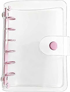 クリアバインダーカバー A7 6穴 PVC製 ｍ6 ミニ システム手帳カバー 手帳 ノートブックシェル フォルダー シール帳 透明 保護 防水 メタルリング リフィル可能な スナップボタン留め 可愛い (ピンク, A7)