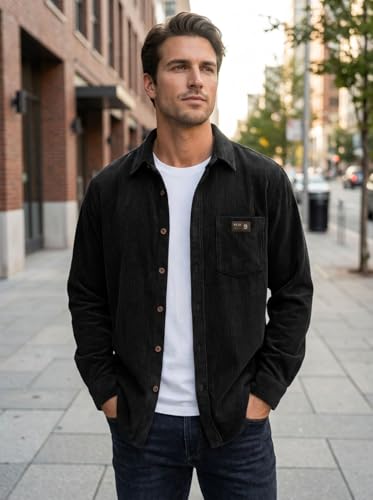 Image of IndoPrimo Men's Corduroy Shirt | Premium Ribbed Full Sleeve Casual Overshirt | Button-Down Solid Shirt with Chest Pocket | Regular Fit