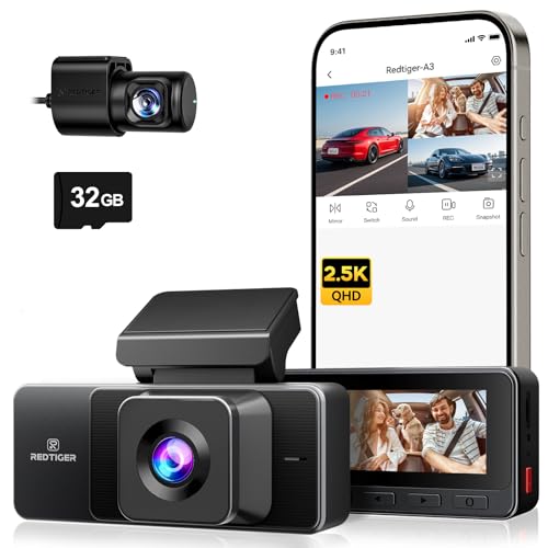 REDTIGER A3 3 Channel Dash Cam Front and Rear Inside, 2.5K+1080P+1080P Car Camera with WiFi, 3.18" Screen, IR Night View, 24H Parking Mode, Loop Recording, 32GB Card Included, Supports 256GB