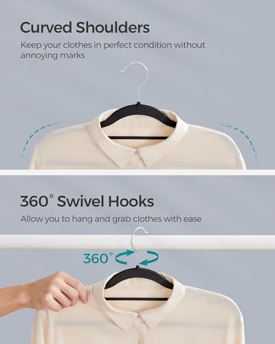 SONGMICS Pack of 50 Coat Hangers, Heavy-Duty Plastic Hangers with Non-Slip Design, Space-Saving Clothes Hangers, 0.2” Thickness, 360° Swivel Hook, 16.5” Long, Black and Gray