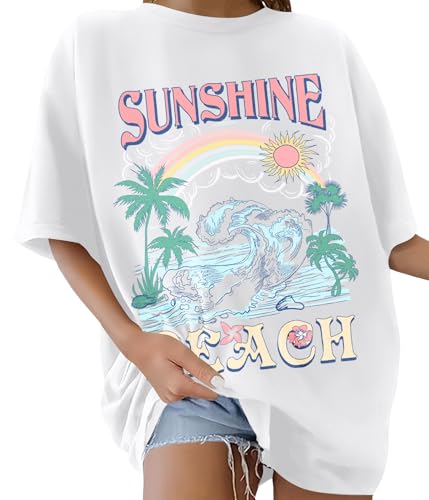 Lonya Camiseta Manga Corta Mujer Camiseta Oversize Camisetas Verano Cuello Redondo T Shirt Tallas Grandes Sunshine Letras Creativas Estampado Mujer Verano de Algodón Casual,A Blanco, S