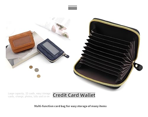 Checkered Credit Card Holder Wallet Zipper Leather Case Purse Small Card Case with ID Window Compact Accordion Wallet for Women or Men (Brown)2
