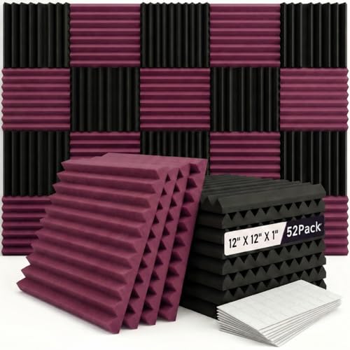 52 Pack Black/burgundy12 "X 12 "X1" Acoustic Panels Studio Soundproofing Foam Wedge Tiles(Accompanied By Double-Sided Adhesive Tape)
