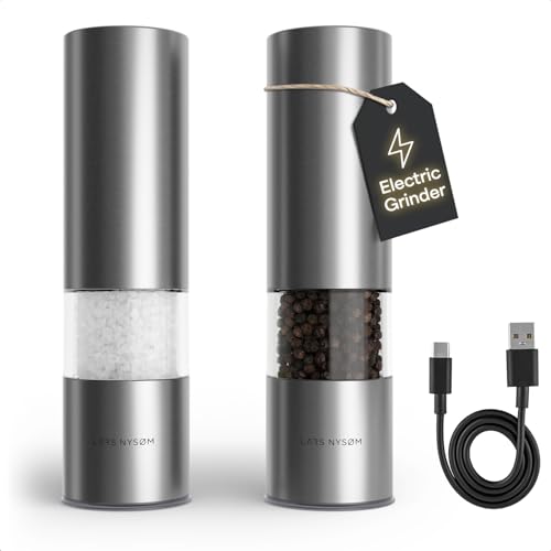 Image of LARS NYSOM Electric Salt and Pepper Grinder Set I Automatic Salt and Pepper Mills with Adjustable Ceramic Grinder I USB Rechargeable Electric Spice Mill Set with LED Light (Stainless Steel)