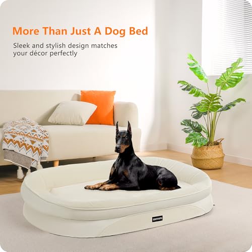 HMTOPE Orthopädisches Hundebett, Hundesofa, Vierseitiges Nackenrolle Kissen, rutschfeste Unterseite Hundekorb, Abnehmbar und Waschbar, Grosse Hunde, 122 x 90 x 19 cm, Beige