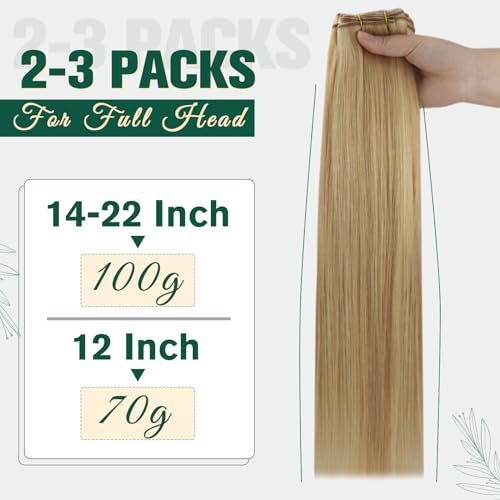 RUNATURE Weft Hair Extensions Real Human Hair 18 Inch Honey Blonde with Medium Blonde Sew in Hair Extensions Double Weft Hair 100g/Pack #P16/24 - Image 4