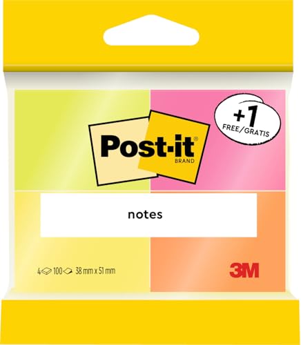 Post-it Notes Assorted Neon Colours Promo Pack 3 + 1 Free Pads 38 mm x 51 mm 100 Sheets per Pad - Extra Sticky Notes for Walls Monitors and Fridge
