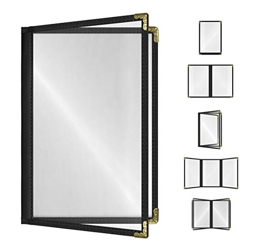 Goodsmart Restaurant Menu Covers – 25 Pack Black 4-View, Side-Loading Menu Holders, Vinyl &amp; Plastic Café Menu Covers, Clear Menu Sleeves, Fits 5.5" x 8.5", Leather-Style Design, Gold Corners