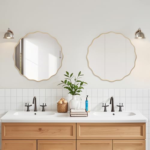 Image of Gold Round Wavy 26 inch Scalloped Farmhouse Nursery Wall Decor Mirror