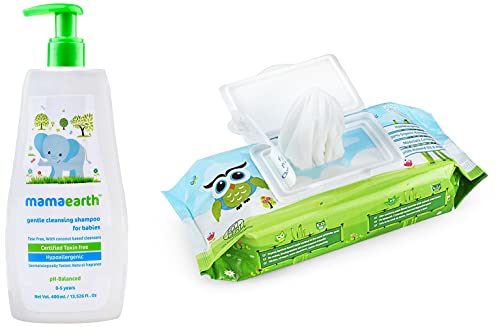 Image of Mamaearth Gentle Cleansing Natural Baby Shampoo, 400ml (White) & India's First Organic Bamboo Based Baby Wipes (Pack of 2)