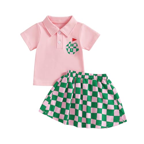 Image of Toddler Girl Golf Outfit Short Sleeve Collared T Shirt Top Elastic Waist Mini Skirt 2Pcs Summer Clothes (Plaid, 3-4T)