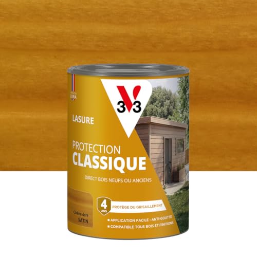 V33 Lasure Bois extérieur Chêne doré - Protection Classique 4 ans - Protège du grisaillement - Direct bois neufs ou anciens - Texture anti-goutte - 0,75L