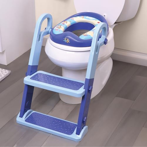 Bluey Step & Sit Potty Trainer; Secure Ladder for Kid-Safe Climbs to Potty; Fun Bluey Images on Cushioned Potty Seat; Adjustable Ladder Height; Removable Seat for Cleaning; Folds for Storage