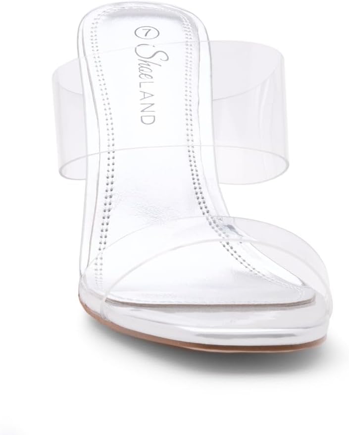 Shoe Land Clear Heels for Women | Transparent Two Strap High Block Chunky Heeled Mules | Slip-On Dressy Clear Sandals for Prom, Wedding, Party & Formal Events - Image 3