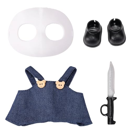 17cm Doll Clothes Set, Scary Doll Costume Dress Includes Suspenders Shoes Mask Dagger Creepy Halloween Themed Outfit Accessories for Collectors Display & Role Play