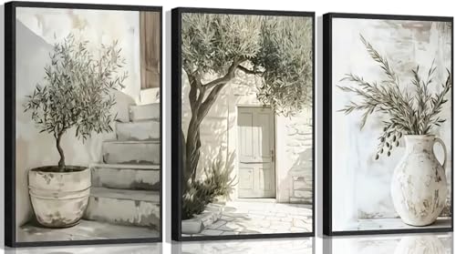 KLXCAJAM 3Pcs Vintage Olive Tree Wall Art Green Olive Tree Wall Decor Old House Potted Painting Picture Neutral Botanical Prints Still Life Artwork for Rural Farmhouse Home Decoration 16x24in Poster