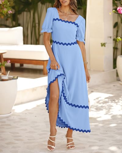 Image of BTFBM Women 2025 Summer Square Neck Short Puff Sleeve Dress Casual RIic Rac Tie Back Smocked Wedding Guest Maxi Dresses