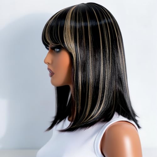 Image of Farblick Bob Wigs Human Hair With Bangs Glueless Wear and Go Wig Ombre Blonde Highlight Short Bob Wigs for Black Women Human Hair 1B /27