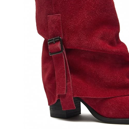 Suede Knee High Boots Women Pull on Round Toe Chunky Heel Fold Over Boots Stacked Riding Biker Slouchy Fall Boot Office Shoes4