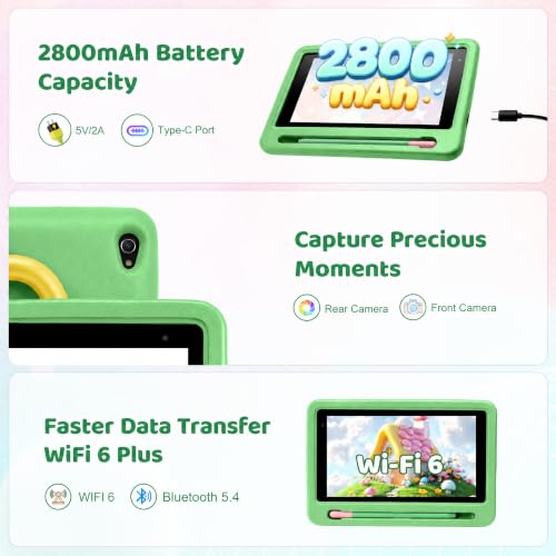 Image of Kids Tablet with Shockproof Case Stylus, Android 16 Tablet for Kids, 24GB RAM 128GB ROM 1TB TF Card Expand, Parental Control, Eye Protection, Dual Camera, 7 inch Tablet, WiFi 6 BT5.4, Green