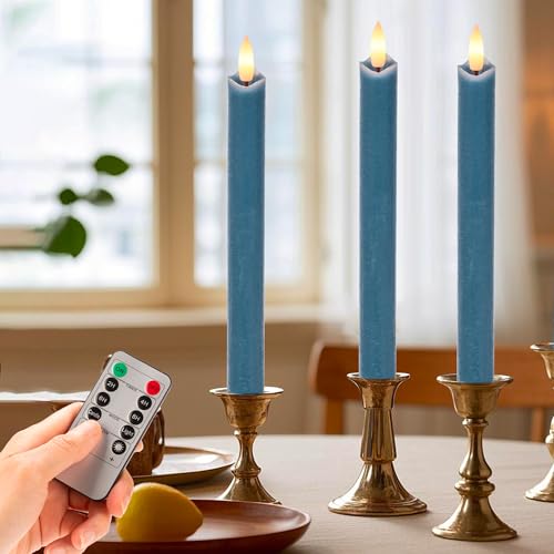 Image of Flameless Taper Candles with Remote, Real Wax Battery Operated LED Candles Set with 3D Flickering Flame, 9.6 inch Realistic Dripless Candlesticks for Wedding Home Decor, 3 Pack Blue