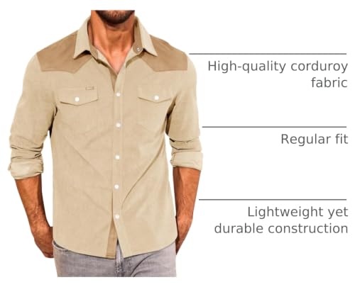 Image of Yousify Mens Western Cowboy Shirt Retro Corduroy Shirts with Pockets | Long Sleeve, Button Down, Vintage Snap Shirt, Country Shacket Jackets