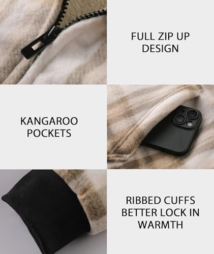 Image of ZITY Heavy Thick Hoodies for Men Plaid Flannel Warm Sherpa Fleece Lined Winter Full Zip Up Coat