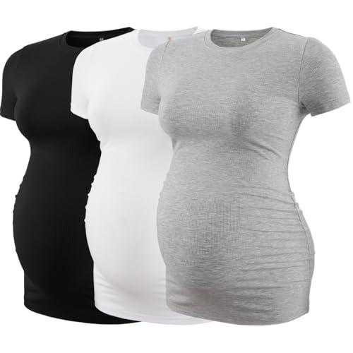 Love2Mi 3er Pack Umstandstop Tshirt Kurzarm Sommer Rundhals Umstands T-Shirt Umstandsmode