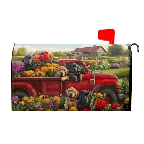 Image of 25.5 inchx21 inch Spring Truck Dogs Magnetic Mailbox Cover Summer Floral Puppy Decorative Mailbox Wrap Post Cover Waterproof Large Size for Garden Yard Outdoor Outside Patio Farmhouse